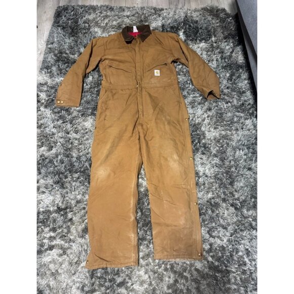 Size 46 Vintage Carhartt Mens Tan Quilted Insulated Outdoor Coveralls 99607 - Picture 1 of 13